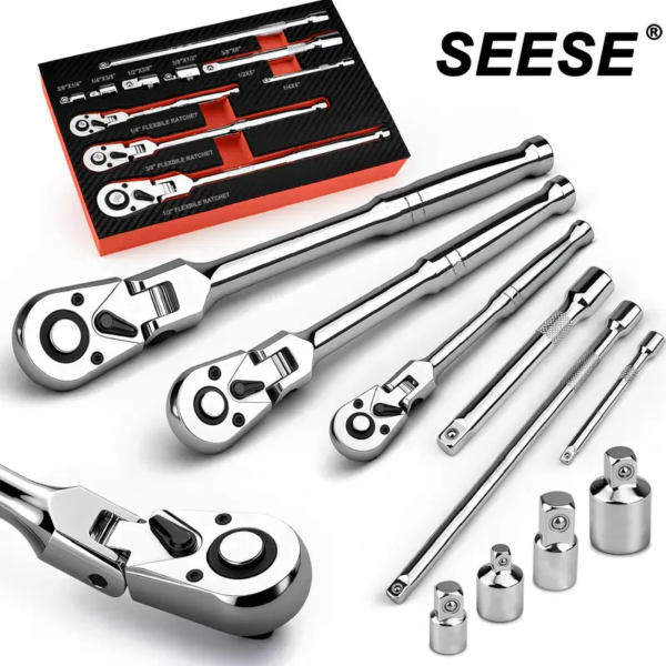 Flex-Head Ratchet Wrench Set with Extensions and Adapters